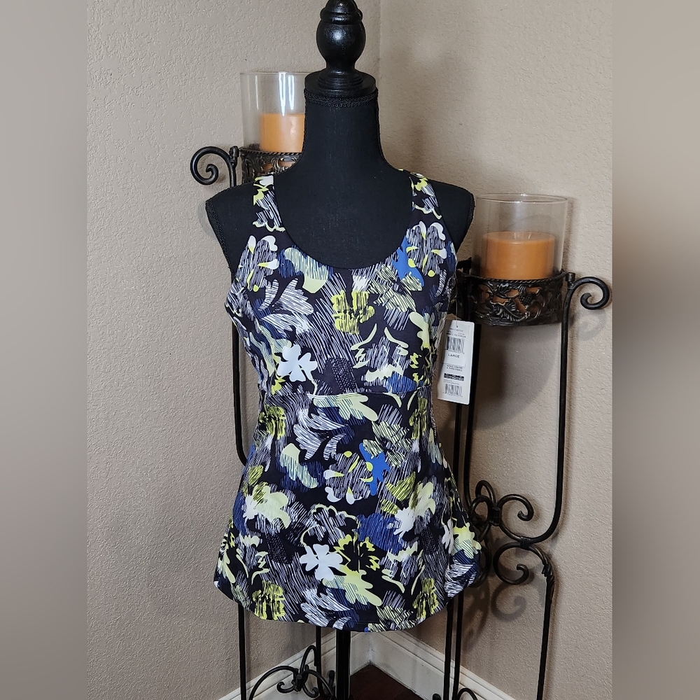 Marika Blue/Green Floral Tank With Built In Bra And Strappy Detailed Back. NWT